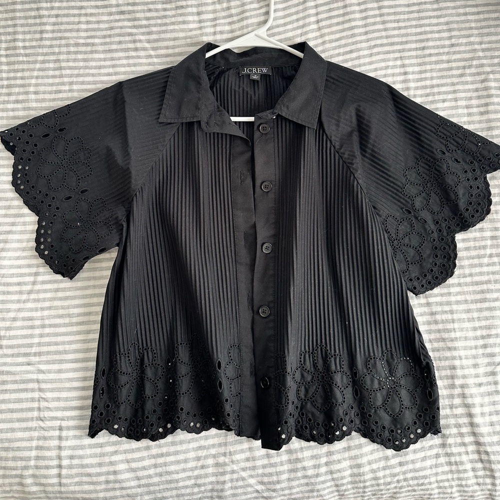 J.Crew Black Pleated Eyelet Trim Shirt